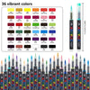 Un set de 36 marcadores de pintura acrílica vibrantes en varios colores, mostrados en formato de cuadrícula.