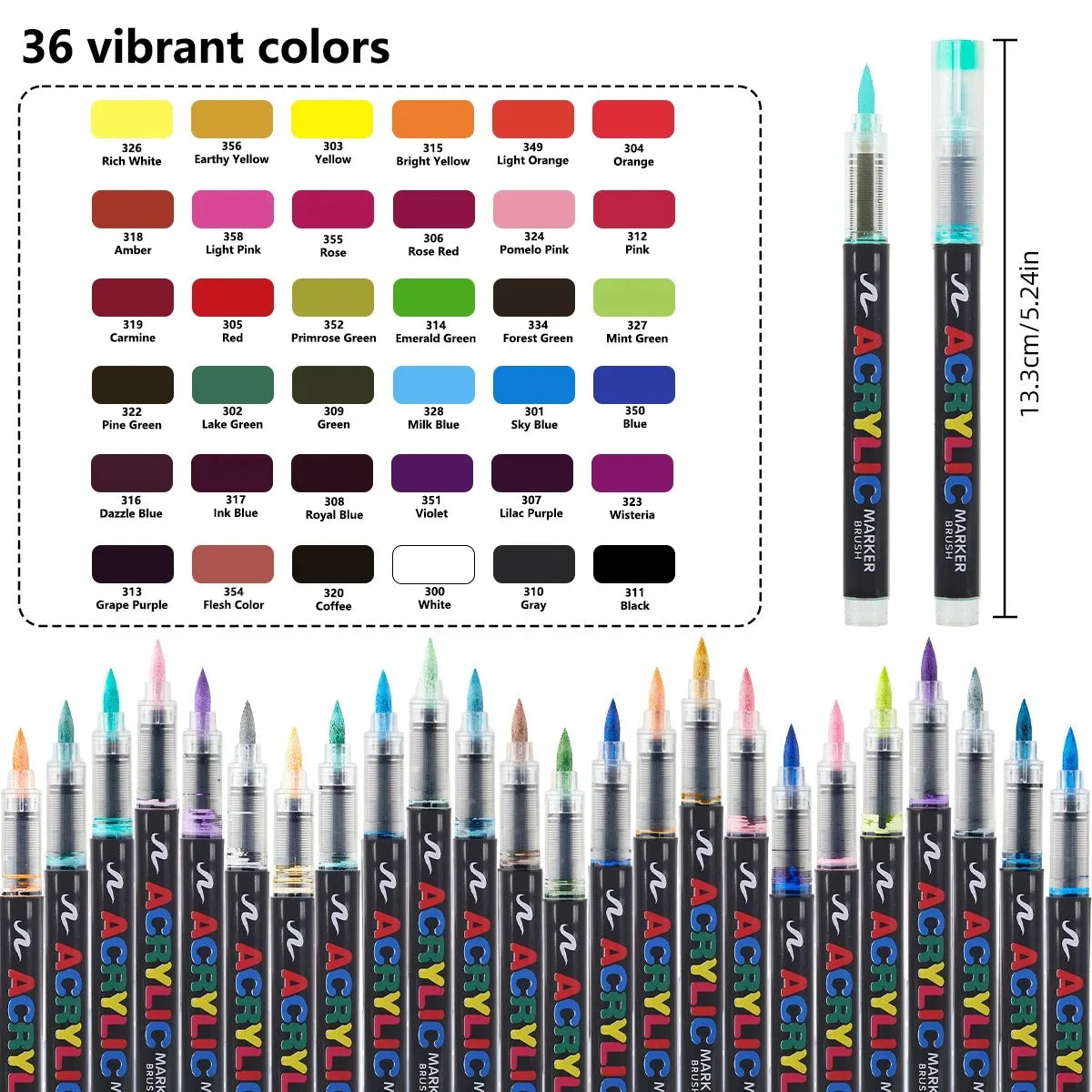 Un set de 36 marcadores de pintura acrílica vibrantes en varios colores, mostrados en formato de cuadrícula.