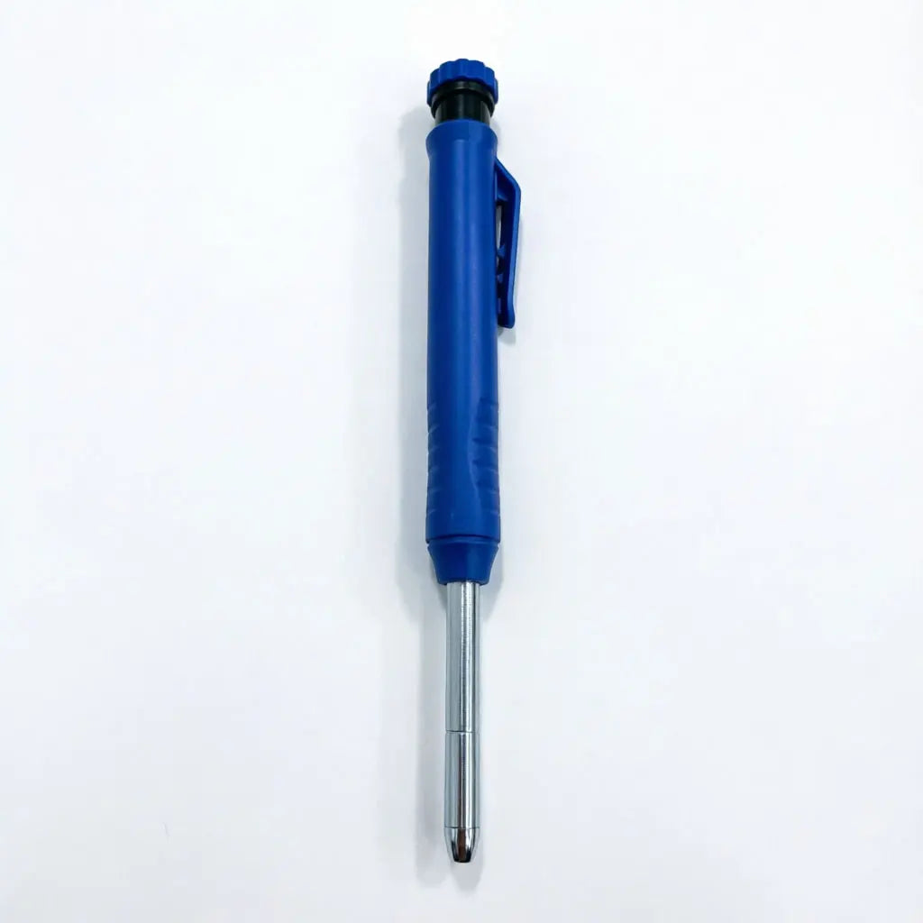 A blue refillable woodworking marker pencil with a metal tip and cap.