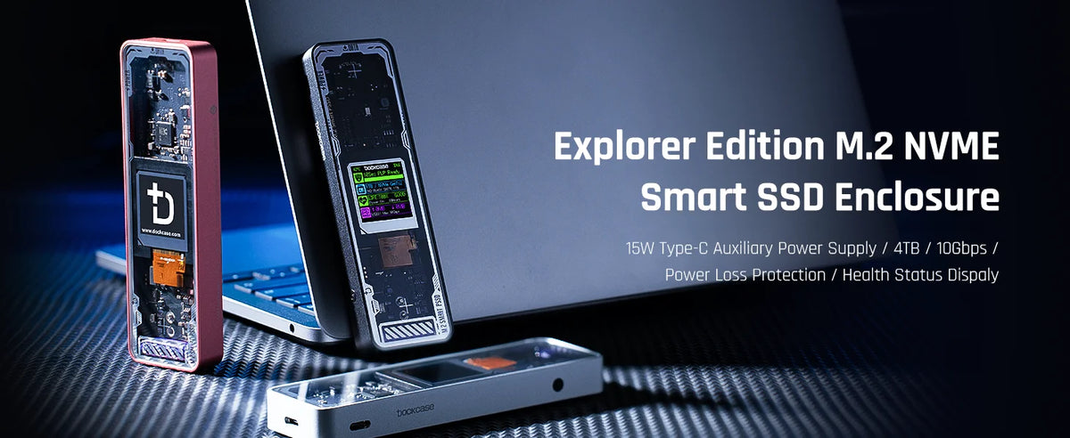 Explorer Edition M.2 NVMe Smart SSD Enclosure featuring an LCD display and power supply components.