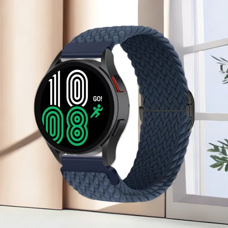 A black smartwatch with a dark blue knitted nylon strap displaying a digital timer on a light background.