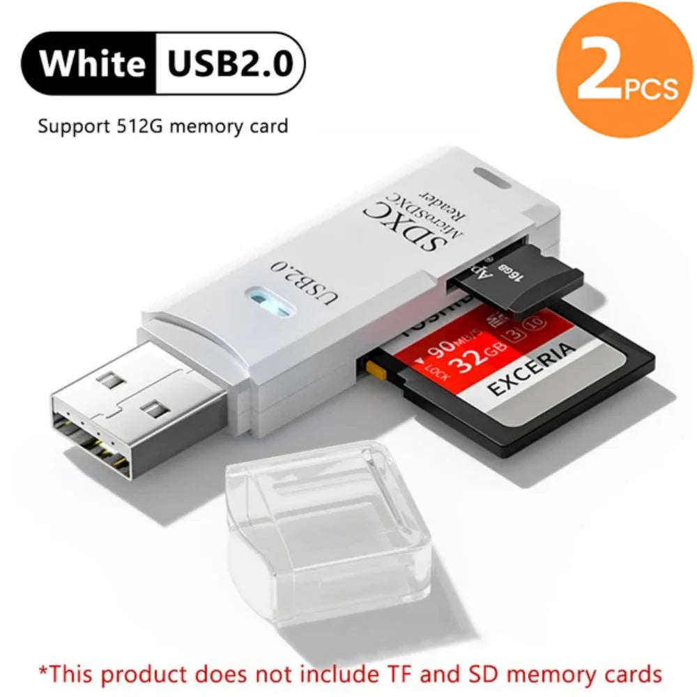 White USB 2.0 SDXC card reader with a flash drive function and memory card