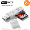 White USB 2.0 adapter for reading SD and MicroSD memory cards, shown next to a memory card.