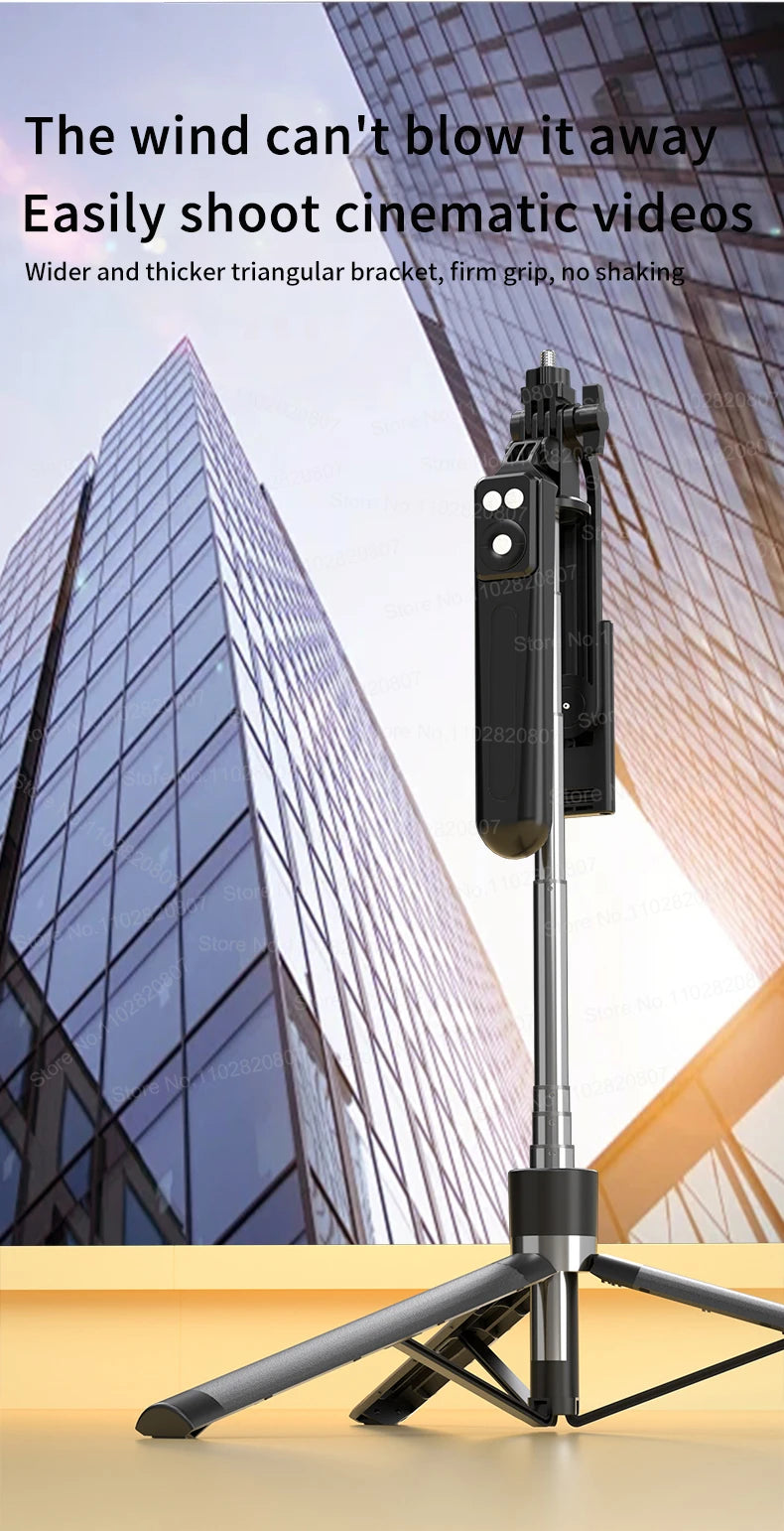 A black portable Bluetooth selfie stick tripod with a fill light and remote is shown against a modern glass building.