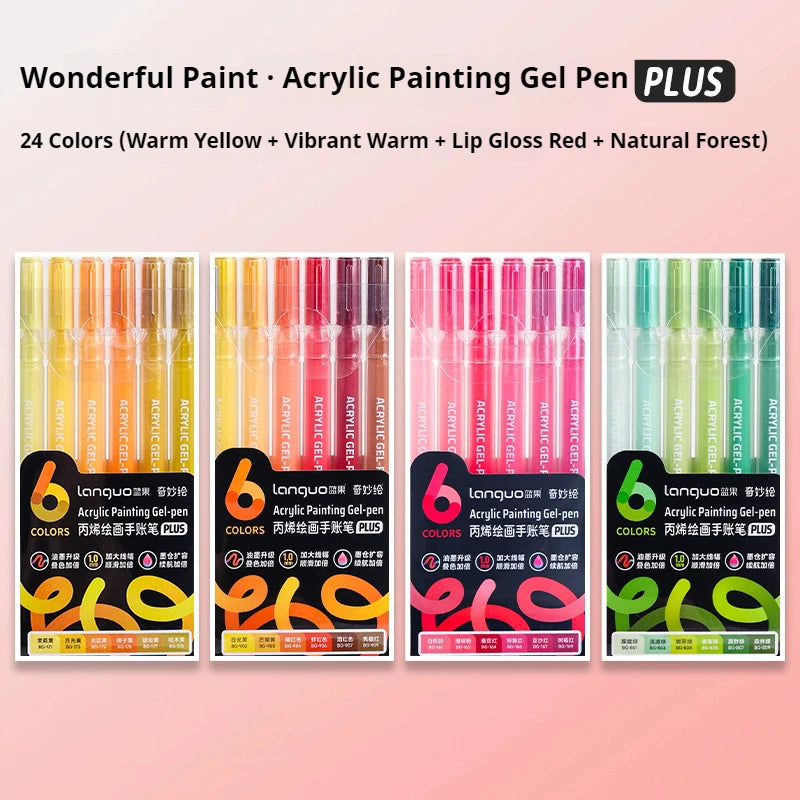 A set of 24 multi-color acrylic painting gel pens in Warm Yellow, Vibrant Warm, Lip Gloss Red, and Natural Forest colors.