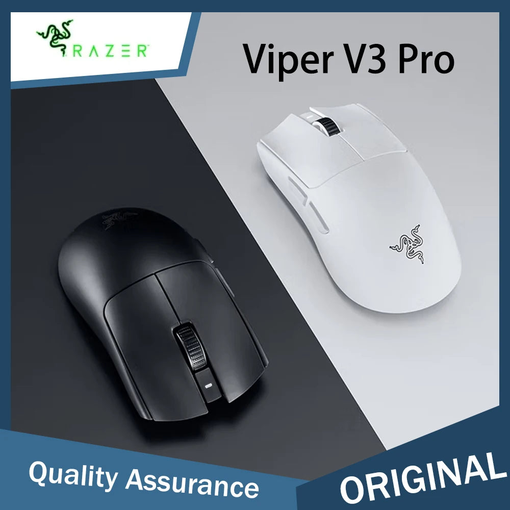 A white and black Razer Viper V3 Pro wireless gaming mouse shown from two angles on a gray surface.