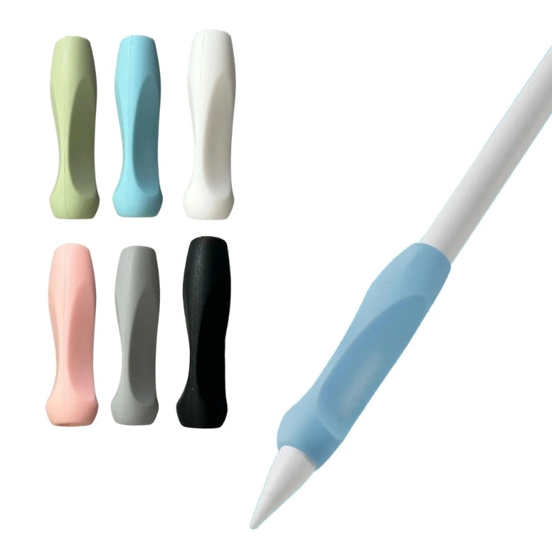 A collection of silicone pen grip sleeves in various colors including green, blue, white, and black.
