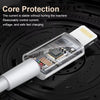 A close-up view of a USB-C to Lightning fast charging cable with internal components, emphasizing core protection features.