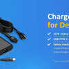 A black USB-C laptop charger with a cord is shown on a blue background.