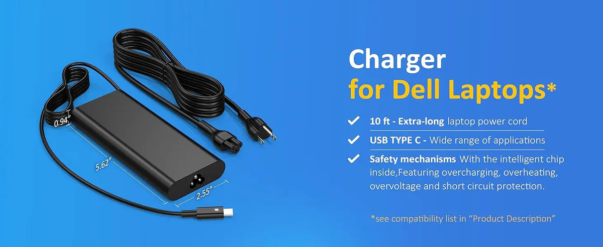 A black USB-C laptop charger with a cord is shown on a blue background.