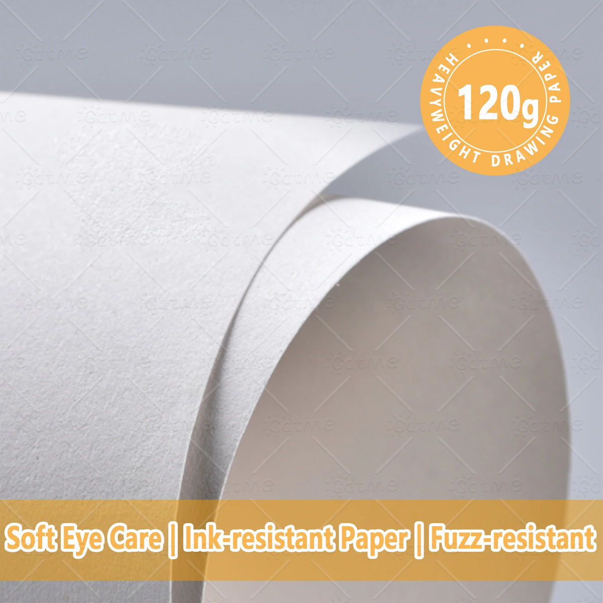 A roll of heavyweight drawing paper with a yellow circle indicating 120g weight and features for soft eye care ink resistance