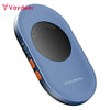 A blue electronic mouse mover device with a black oval sensor and orange buttons.