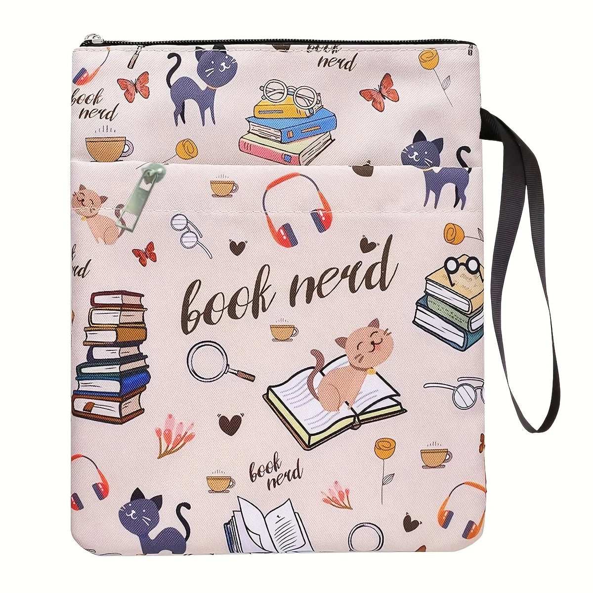 A pink fabric book sleeve featuring illustrations of cats, books, and reading accessories like glasses and headphones.