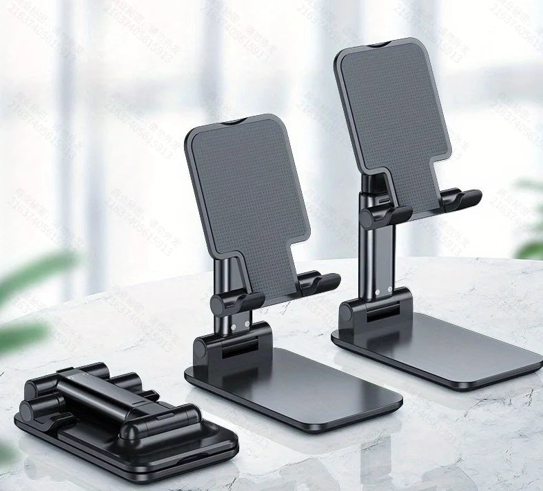 A set of adjustable desktop phone stands designed to hold smartphones and tablets on a white surface.