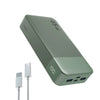A gray portable power bank with a rectangular design and a charging port visible.