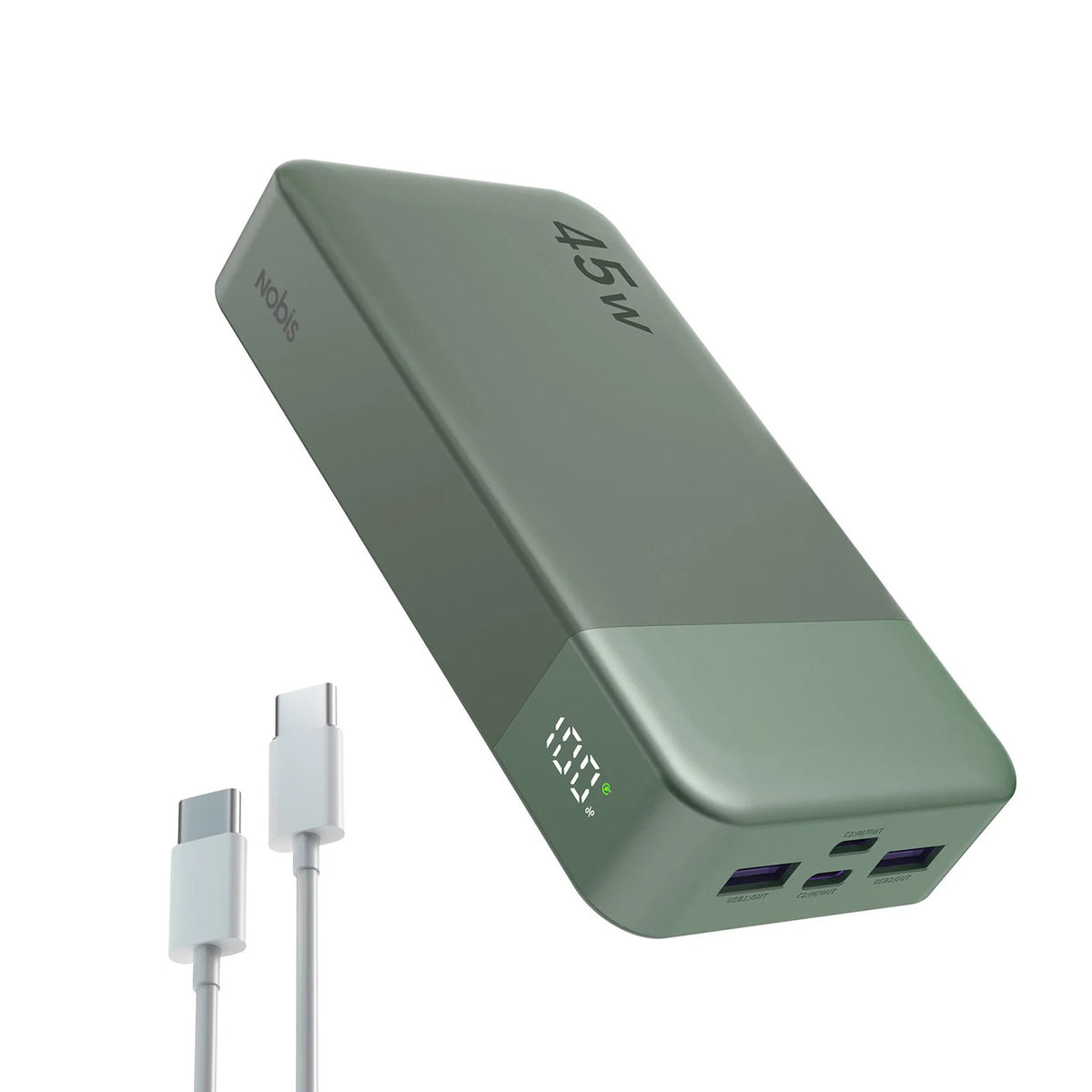 A gray portable power bank with a rectangular design and a charging port visible.