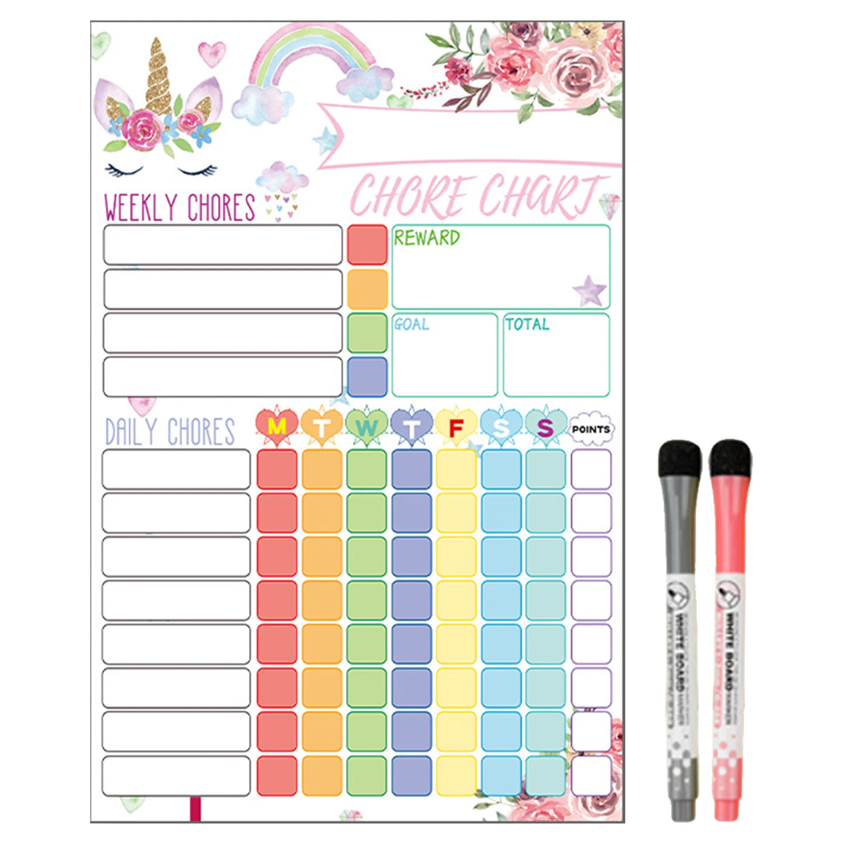 A magnetic weekly chore chart for kids with colored squares for daily chores and rewards.