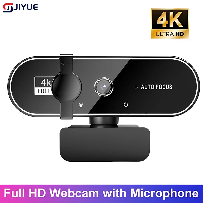 A black 4K Ultra HD autofocus webcam with an integrated microphone shown from the front.