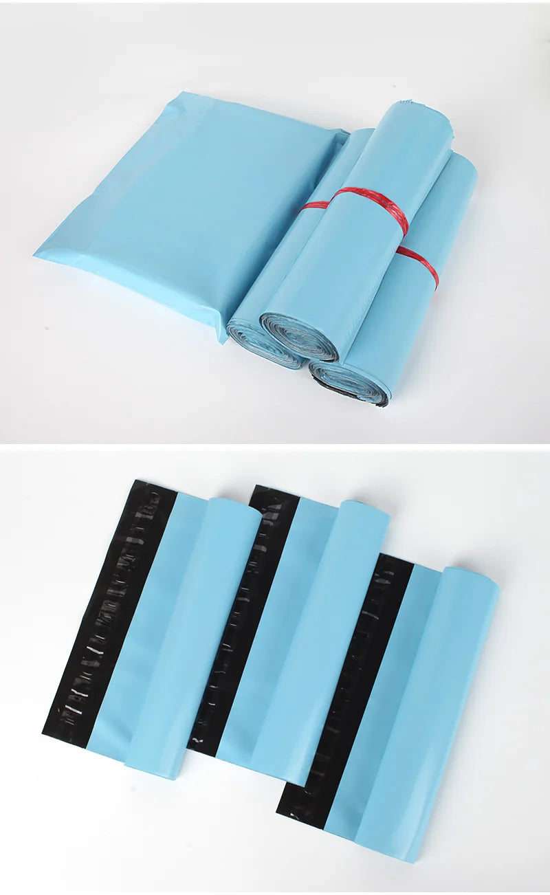 Rolls of light blue reusable waterproof poly shipping bags stacked and laid out.