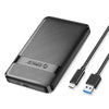 A black hard drive enclosure for a 2.5-inch SATA drive with a USB Type-C cable.