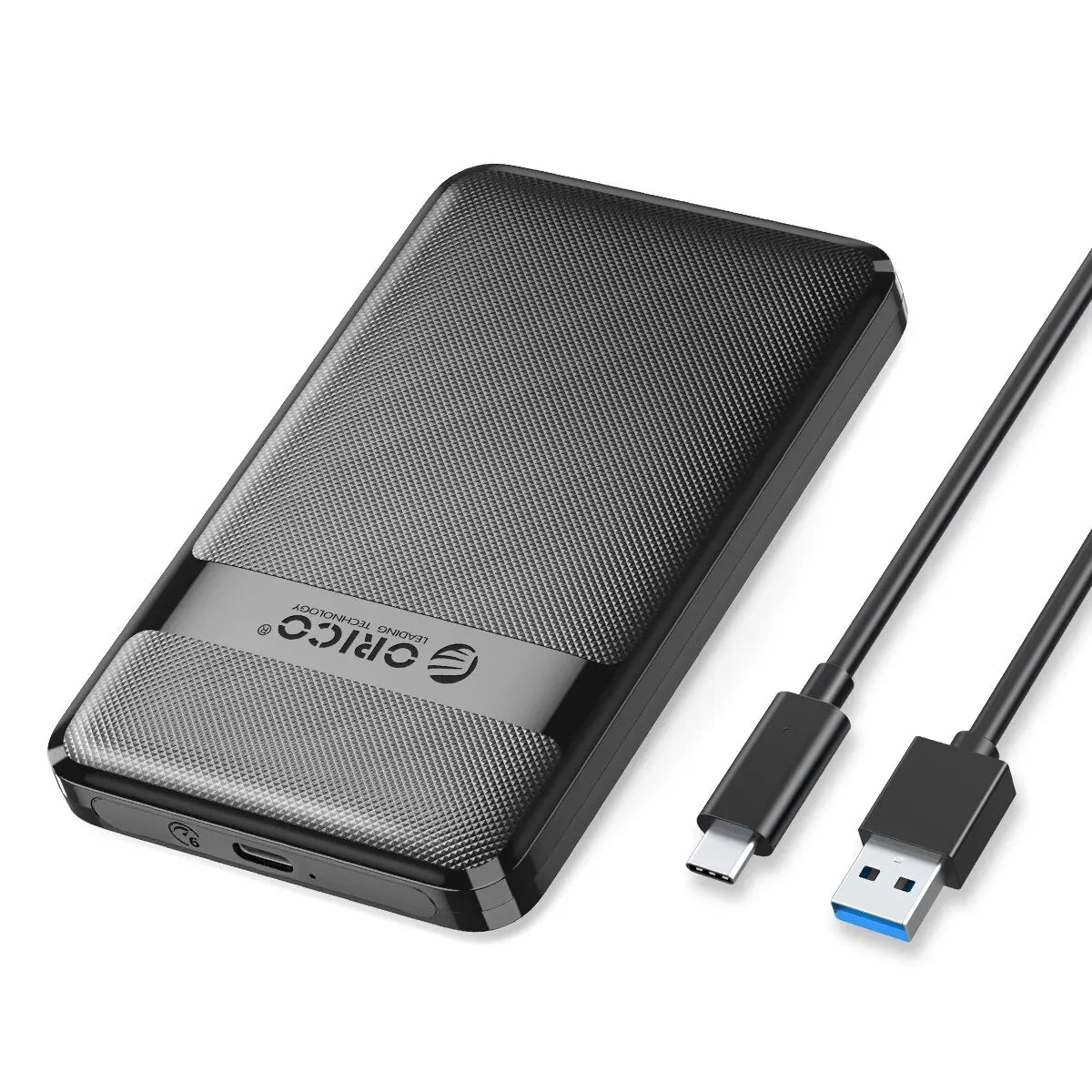 A black hard drive enclosure for a 2.5-inch SATA drive with a USB Type-C cable.