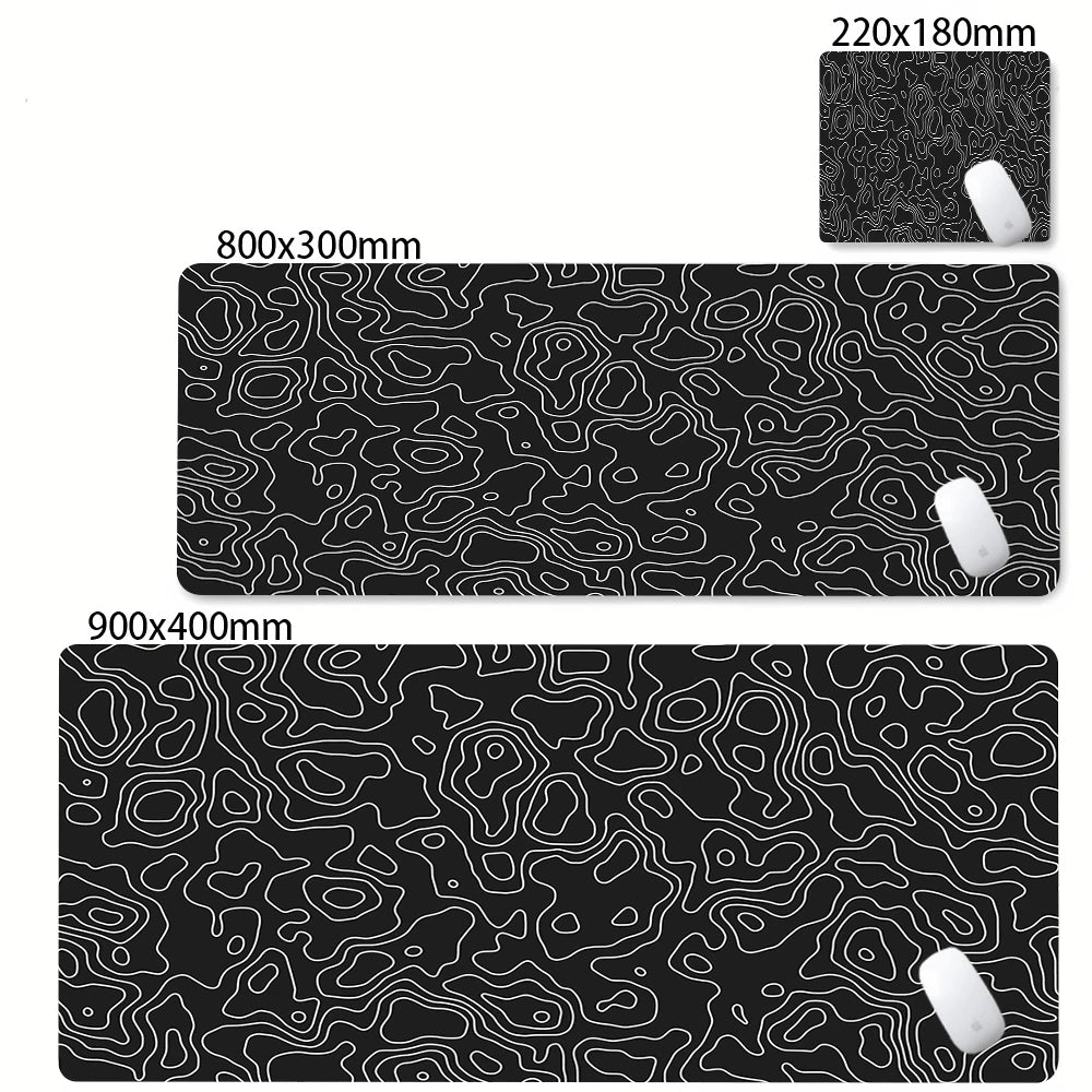 Black abstract desk mat with white contour lines for gaming and office use