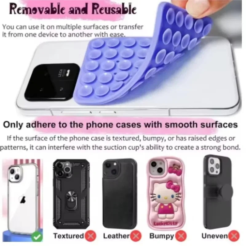 A purple silicone phone mount grip is shown being used on a white smartphone case.