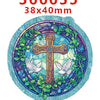 A round acrylic hair bow featuring a cross and doves set against a colorful, textured background.