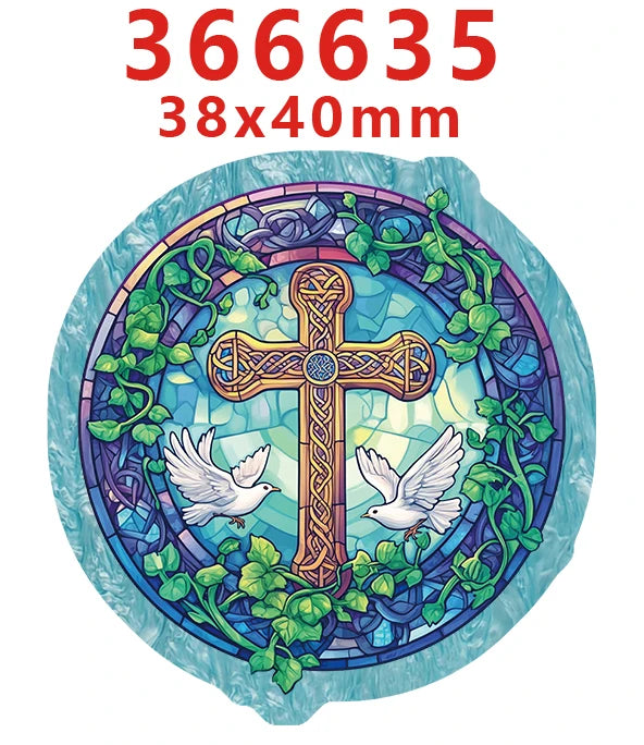 A round acrylic hair bow featuring a cross and doves set against a colorful, textured background.