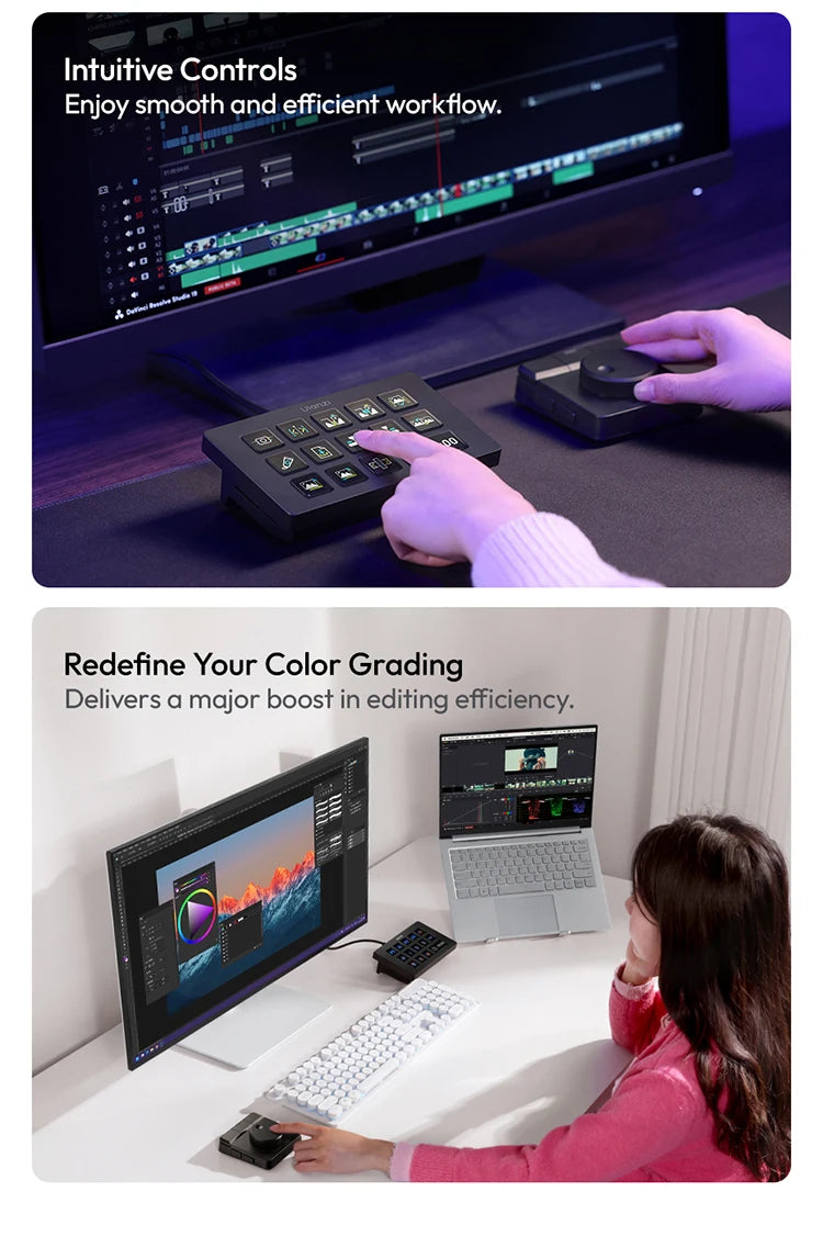 Una mano opera el controlador creativo Ulanzi D100H para edición de video.