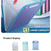 A purple portable accordion document organizer with 13 large capacity sections is displayed next to various colored document 