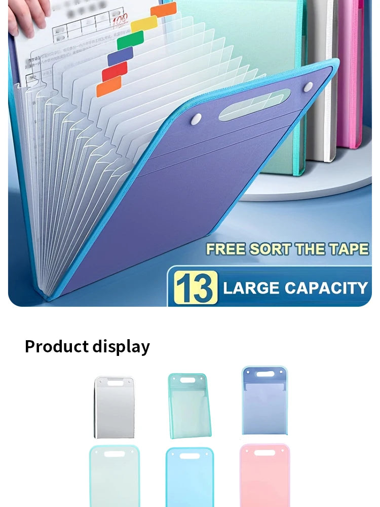 A purple portable accordion document organizer with 13 large capacity sections is displayed next to various colored document 