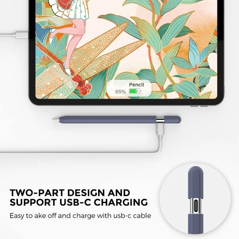 A gray silicone protective case for a pencil with a USB-C charging cable.