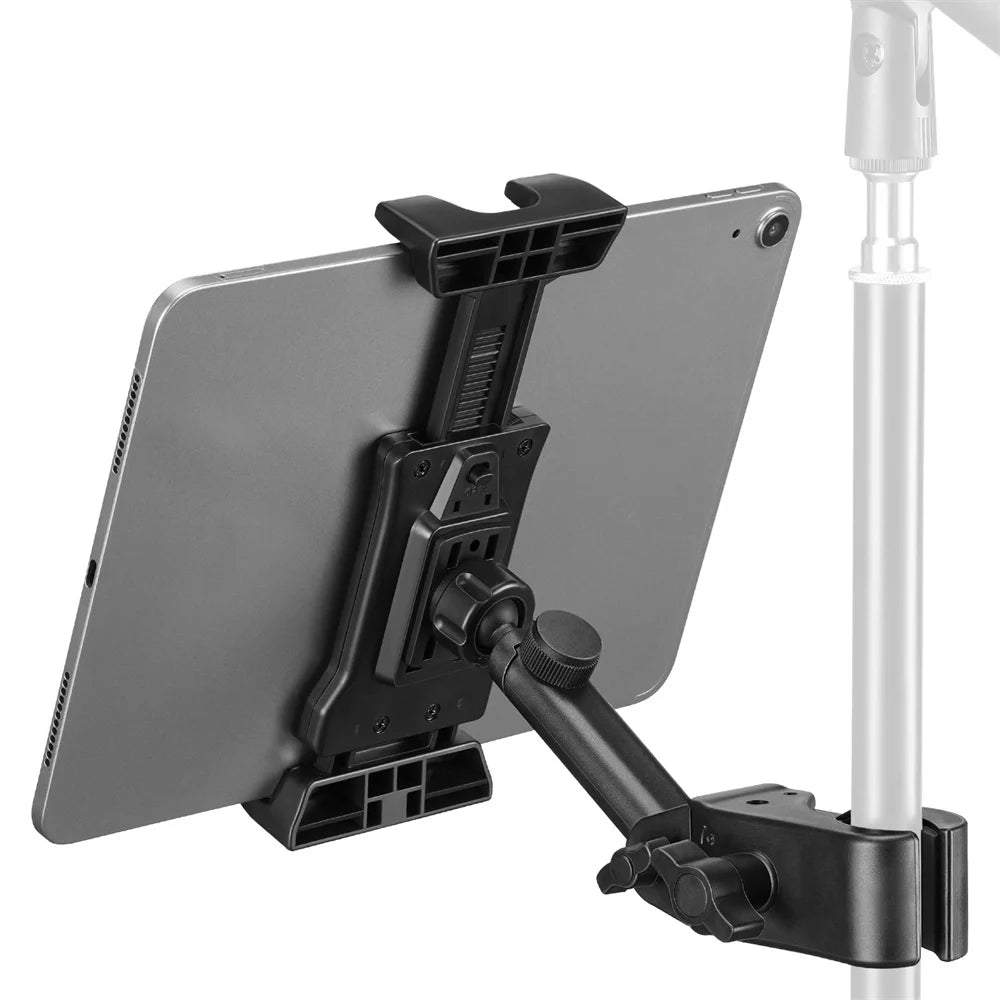 A black adjustable mount is shown holding a tablet or phone, designed for mounting on a vertical pole.