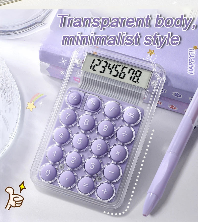 A clear plastic portable mini calculator with a purple body and a digital display is shown on a white surface.