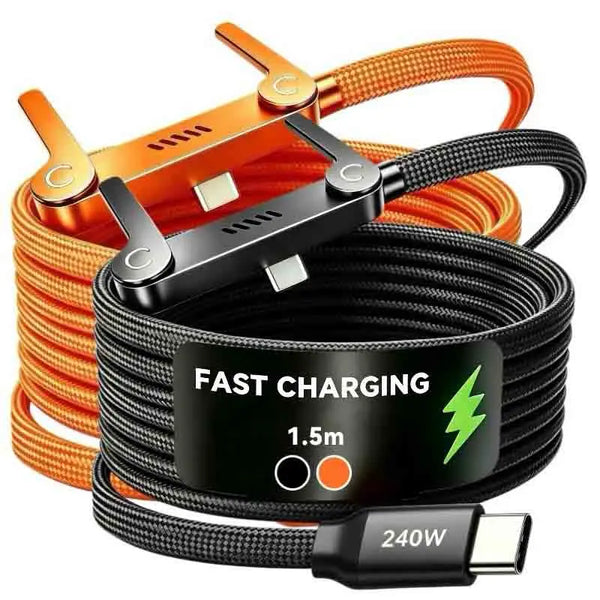 Câble de chargement rapide orange et noir 2-en-1 avec support intégré et adaptateur de puissance 240W.