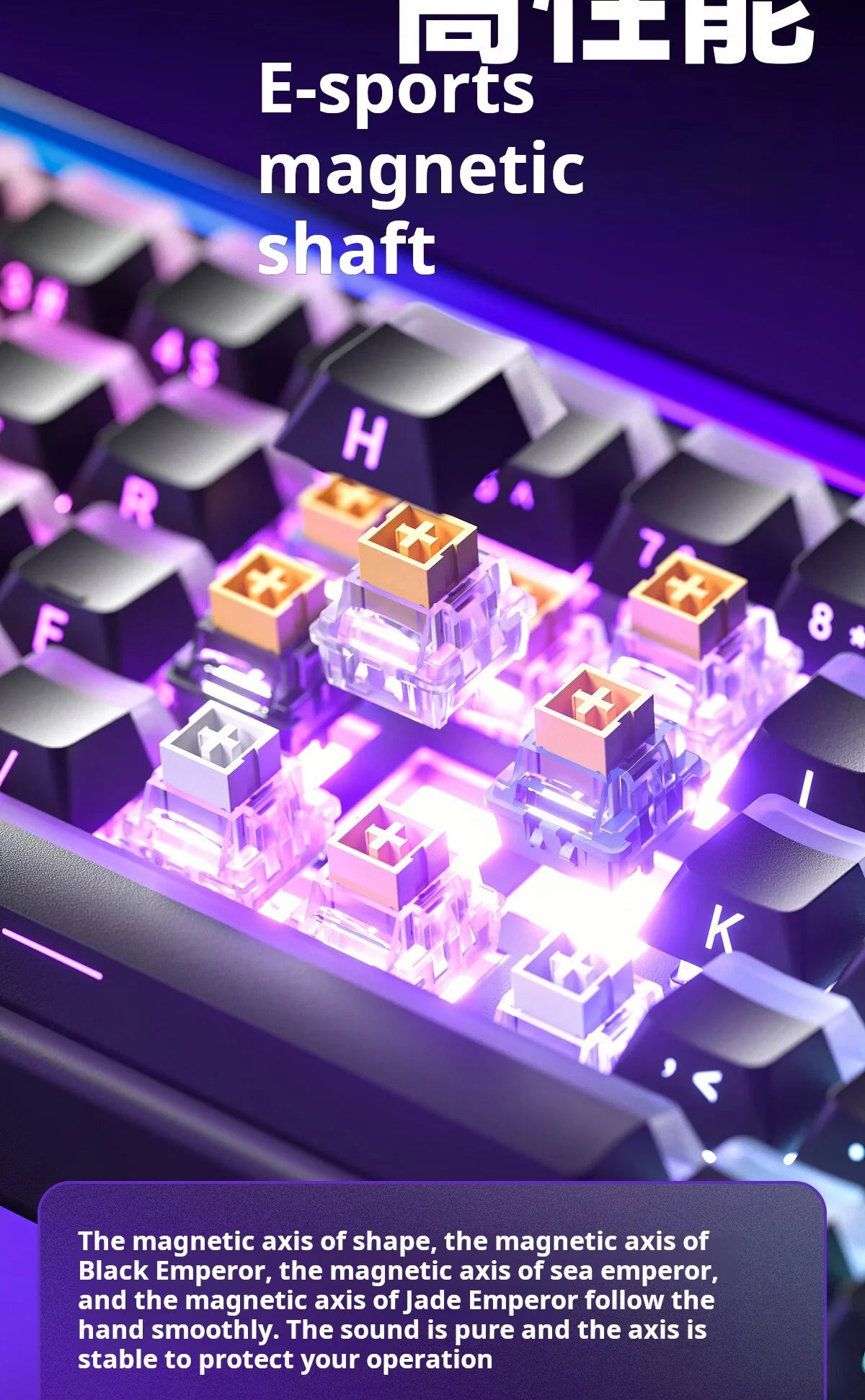 Gros plan d'un axe magnétique d'e-sport sur un clavier mécanique avec lumière violette et diverses touches.