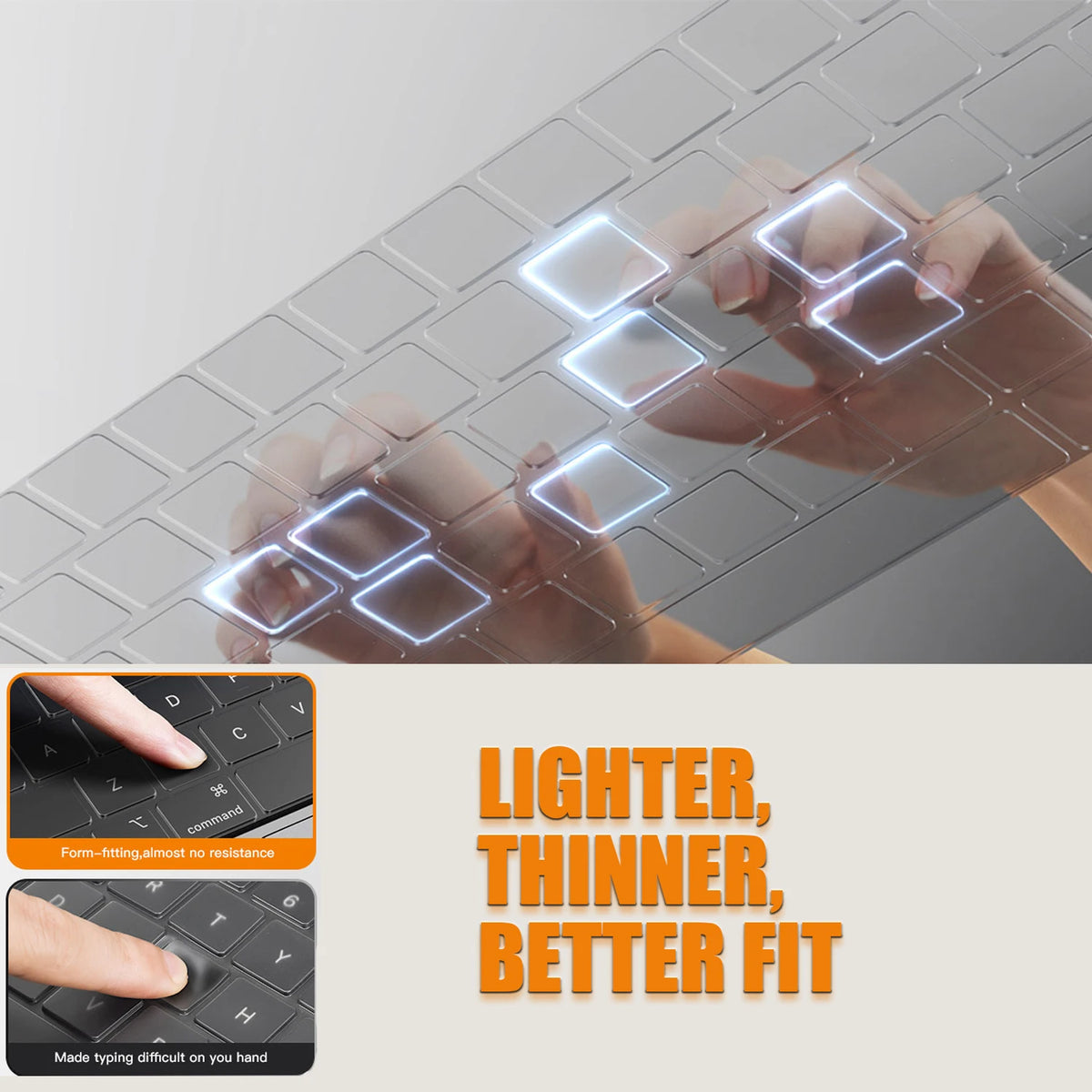 Hände legen oder interagieren mit einer klaren Silikon-Tastaturabdeckung auf die Tastatur eines MacBook Pro.