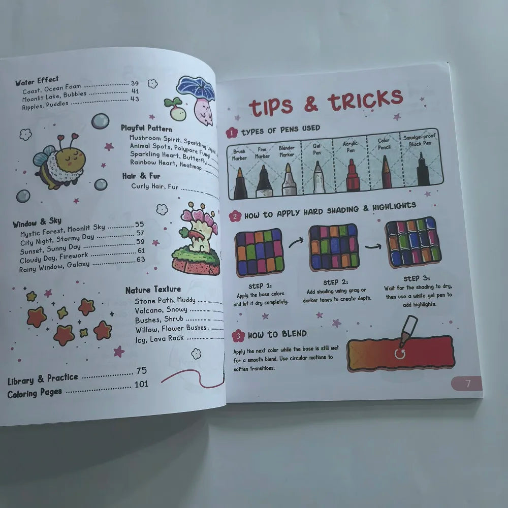 A page from a coloring book showing tips and tricks for art techniques like shading and blending.