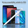 A white universal active stylus pen is shown next to various touchscreen devices including an iPad and Android smartphones.
