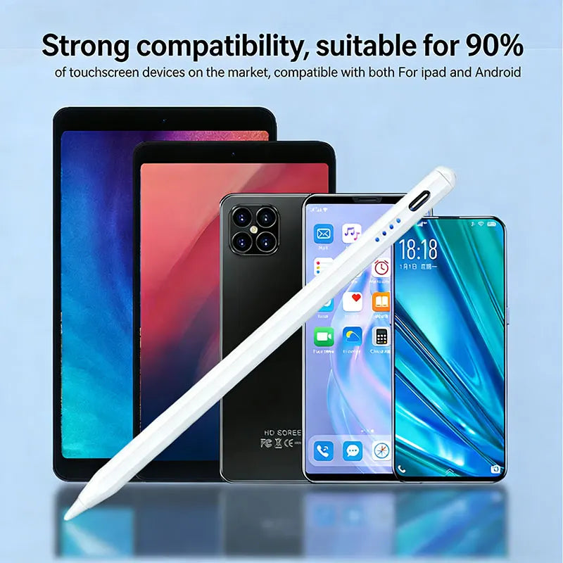 A white universal active stylus pen is shown next to various touchscreen devices including an iPad and Android smartphones.