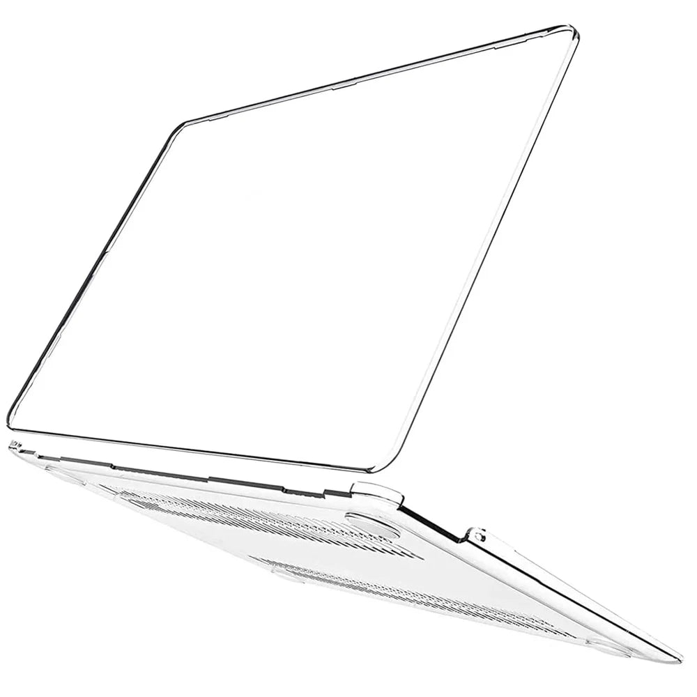 Crystal clear hard shell case for a MacBook Air 13 inch M1 laptop.