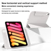 A white magnetic rotating protective case for an Apple iPad is shown with a screen display.