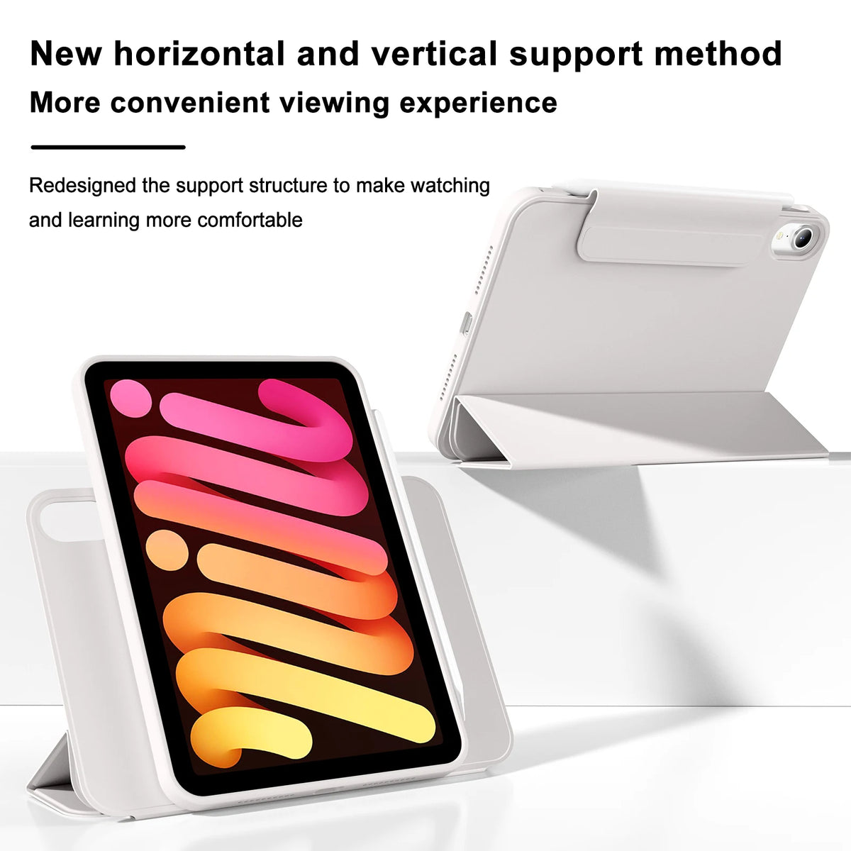 A white magnetic rotating protective case for an Apple iPad is shown with a screen display.