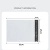 A rectangular white self-adhesive sealed packing bag with a black sealing strip, shown against a measurement scale.
