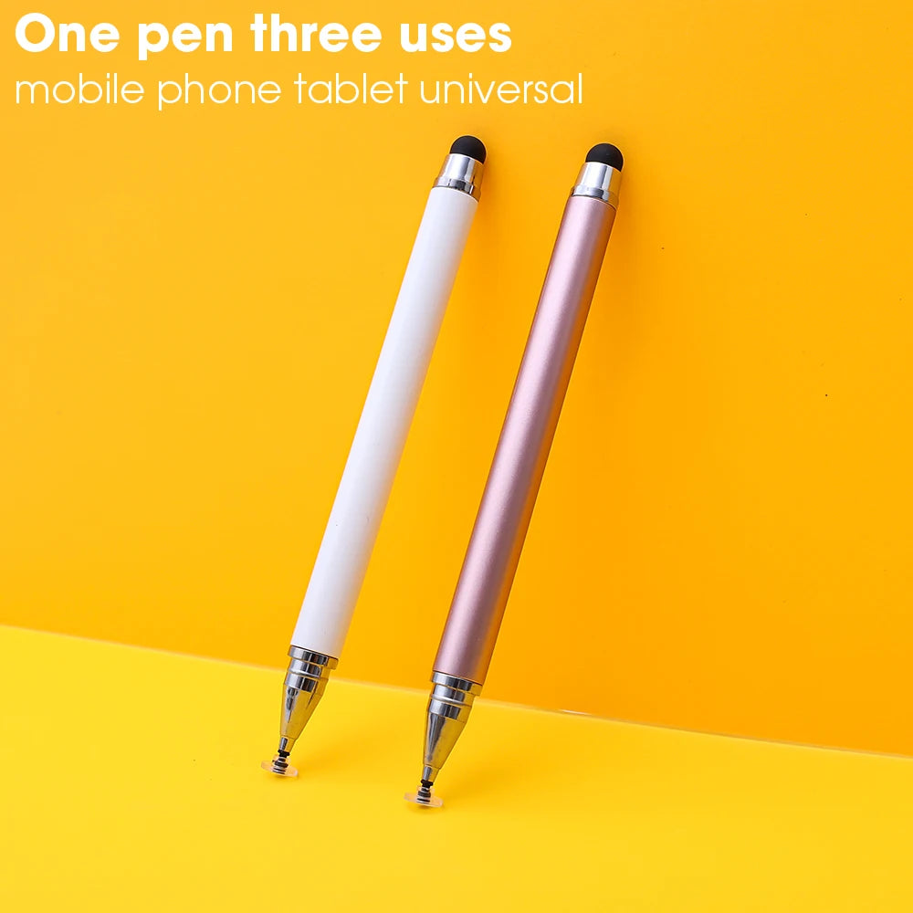 Two capacitive stylus pens, one white and one rose gold, are displayed on a yellow background.