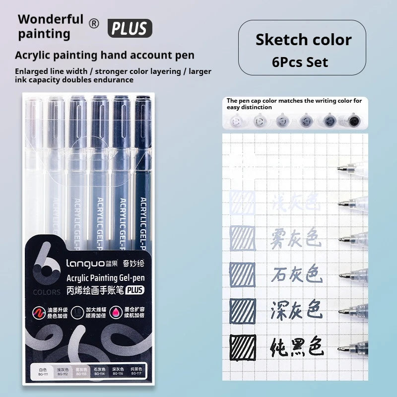 A set of six multi-color acrylic painting gel pens with a grid layout for writing and drawing
