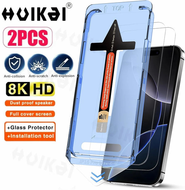 A dual pack of 8K HD tempered glass screen protectors and installation tools for an iPhone 15 Pro Max.