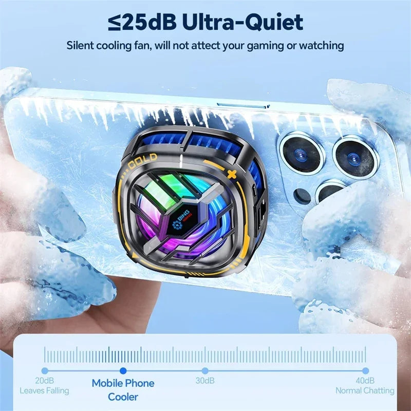 Una mano sostiene un smartphone azul con un ventilador refrigerador magnético RGB, demostrando su función de enfriamiento sil