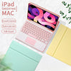 A pink iPad is shown with a universal keyboard case and a yellow protective cover on a white marble surface.